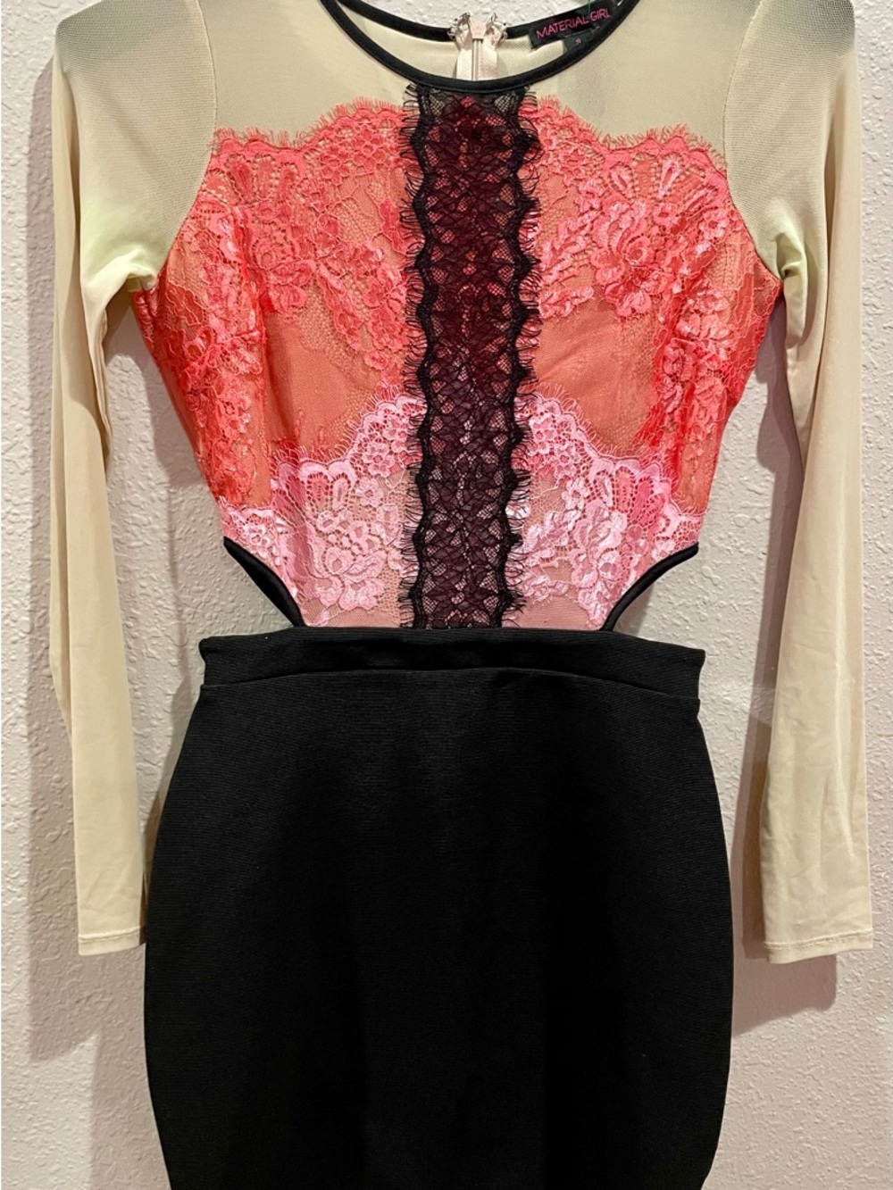 Material Girl Coral and Cream Lace Bodysuit with Black Trim
